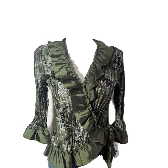 NWT PIANO GREEN FLORAL TOP BLOUSE WRINKLED TAFFETA FAIRY GOTH RENAISSANCE SIZE M - Picture 2 of 14